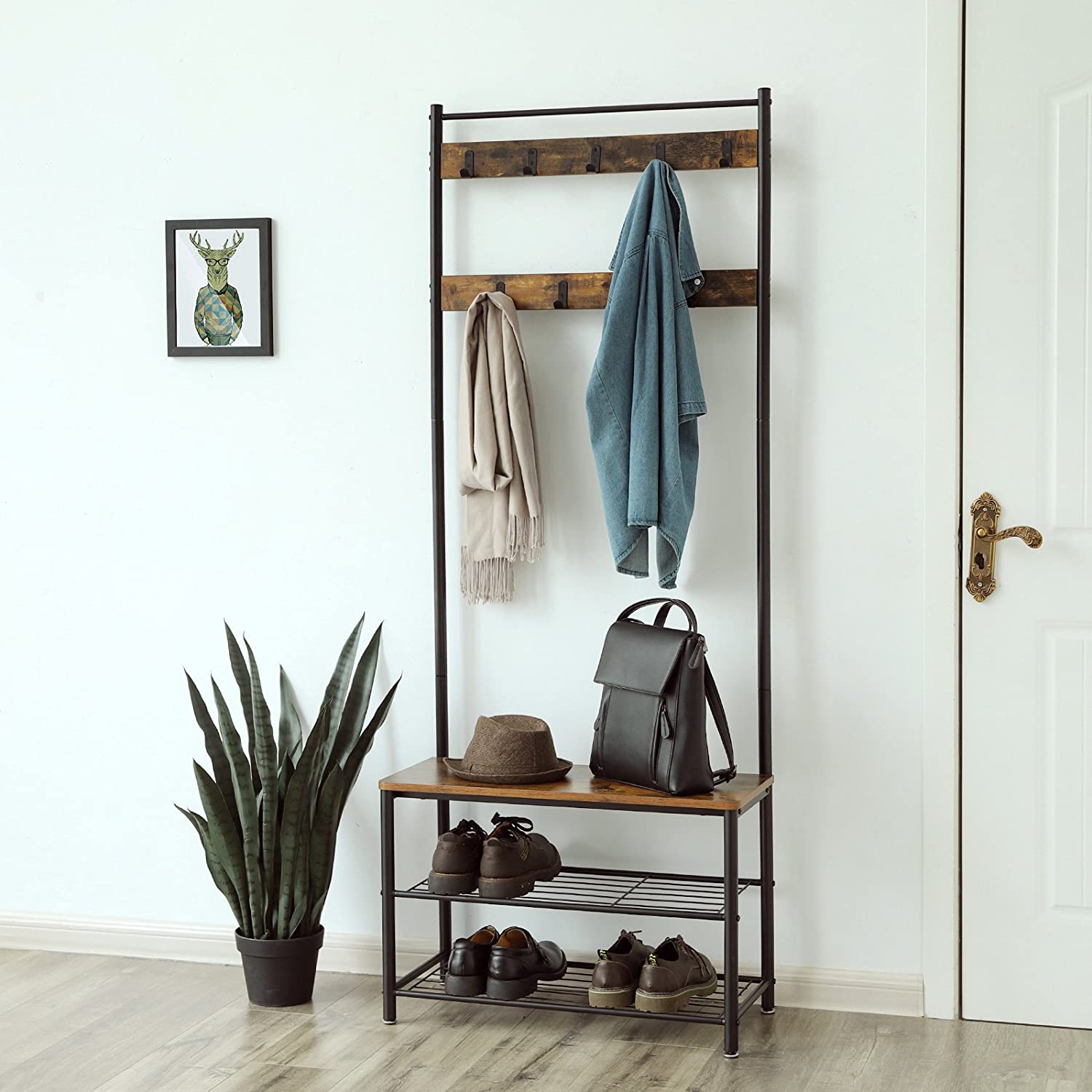 Cuier cu 2 rafturi pentru incaltaminte, Vasagle, banca, pal si metal, negru, 70x32x175 cm 1 2002 HSR41BX Wieszak stojak na ubrania i buty 2