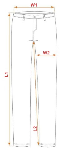 Dimensiunile pantalonilor: W1 latime talie, W2 latime picior, L1 lungime exterioara, L2 lungime interioara
