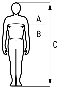 Cum se masoara: A circumferinta piept, B circumferinta talie, C inaltime