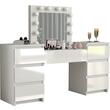 Set masa de toaleta/machiaj Antonia + scaun Mark, alb, sertare lucioase, cu oglinda si LED-uri, 155x42x135 cm