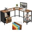 Birou calculator pe colt, Artool, pal, otel, cu sertar, 3 rafturi, maro rustic si negru, max 50 kg, 137x150x75 cm