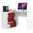 Birou calculator pe colt, placa laminata, 3 sertare, 2 rafturi, pe stanga, alb si rosu lucios, 124x85x77 cm