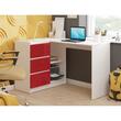 Birou calculator pe colt, placa laminata, 3 sertare, 2 rafturi, pe stanga, alb si rosu lucios, 124x85x77 cm