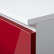 Birou calculator pe colt, placa laminata, 3 sertare, 4 rafturi, alb si rosu lucios, 155x85x77 cm