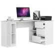 Birou pe colt, placa laminata, 3 sertare, 4 rafturi, alb, 155x85x77 cm