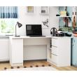Birou pe colt, placa laminata, 3 sertare, 4 rafturi, alb, 155x85x77 cm