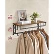 Cuier de perete cu raft, bara pentru umerase, Artool, 5 carlige, metal, pal, negru si maro rustic, 80x30x27 cm