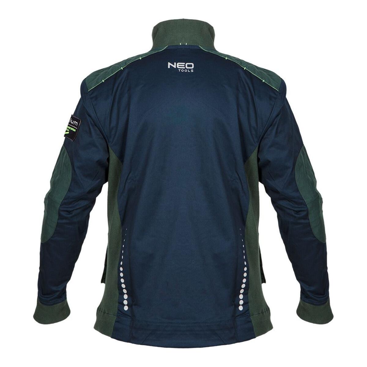 Spatele gecii de lucru Premium NEO, cu panouri verzi si imprimeuri reflectorizante