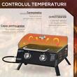 Gratar camping, grill dreptunghiular, cu gaz, 2 arzatoare, capac, termometru, 55x46.5x41 cm