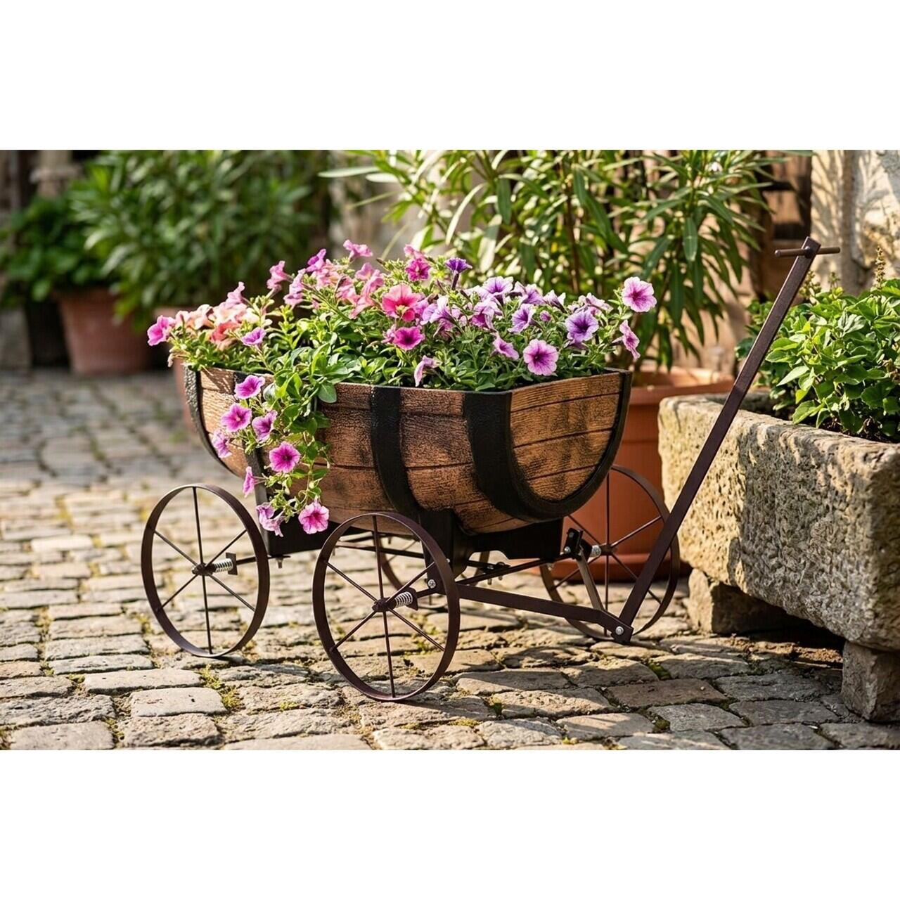 Jardiniera vas de flori tip butoi cu carucior Strend Pro, plantata cu flori in curte
