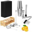 Kit pentru barmani, cocktail shaker, suport bambus, inox, set 14 piese, 600/750 ml, Springos