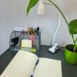 Lampa de birou cu clips, brat flexibil, 3 culori lumina, 10 niveluri, USB, alb, 45 cm, Izoxis