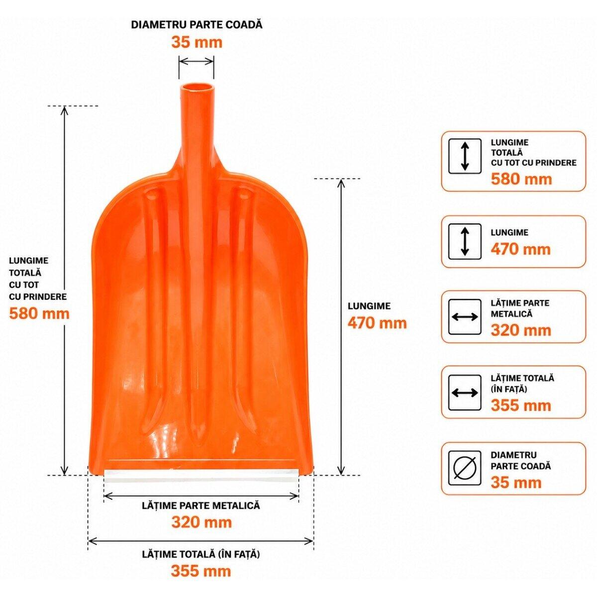 Dimensiunile lopetii pentru zapada: 47 cm lungime, 35.5 cm latime, 58 cm cu prinderea, prindere de 35 mm