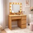 Masa de toaleta/machiaj, Irina, stejar + scaun Mark, bej, cu oglinda si LED-uri, 94x43x141 cm