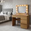 Masa de toaleta/machiaj, Irina, stejar + taburet, bej, cu oglinda si LED-uri, 94x43x141 cm