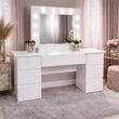 Masa de toaleta/machiaj, Antonia + taburet Vintage, alb, cu oglinda si LED-uri, 155x42x135 cm