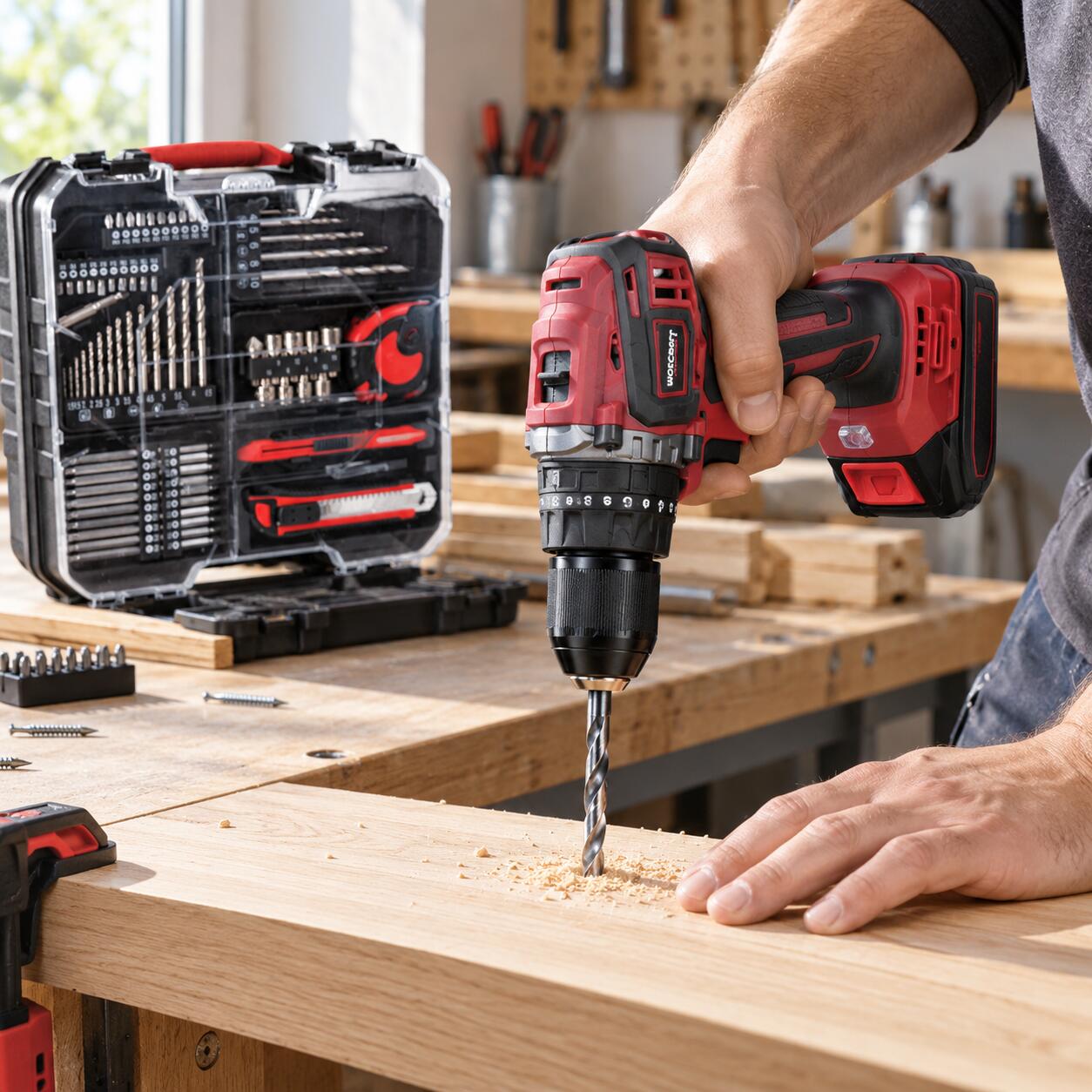 Masina de gaurit si insurubat cu acumulator 20V brushless Worcraft la gaurirea unei placi de lemn