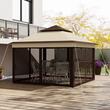 Pavilion/foisor pentru gradina/terasa, pliabil, cu inaltime ajustabila, material Oxford, cadru otel, plasa insecte, geanta, bej si negru, 3.26x3.26x2.72 m