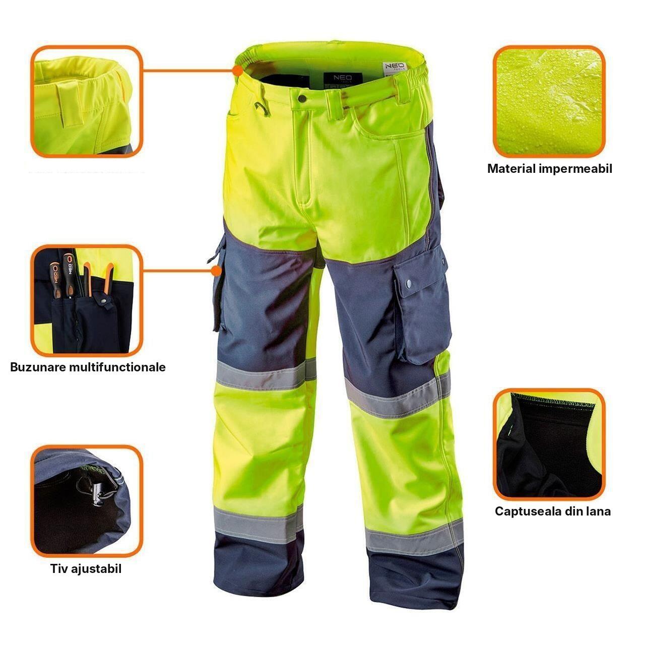 Detalii pantaloni reflectorizanti softshell NEO Visibility: buzunare, talie elastica, snur la glezne