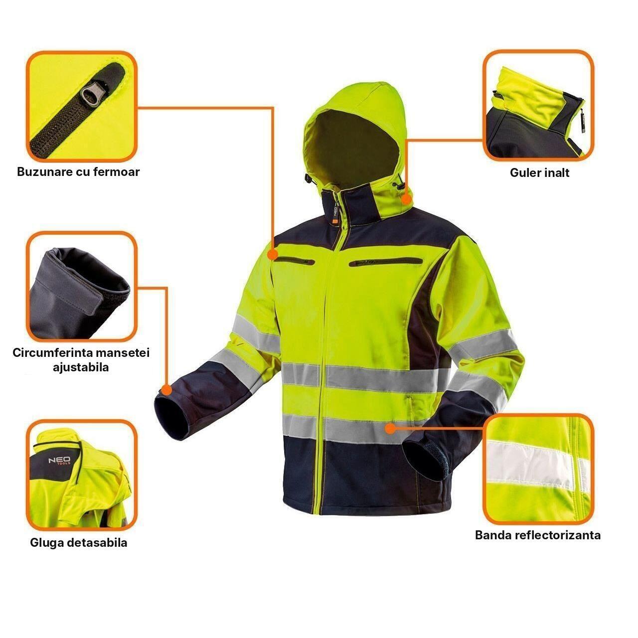 Detalii geaca reflectorizanta softshell NEO Visibility: gluga, mansete cu velcro, buzunare