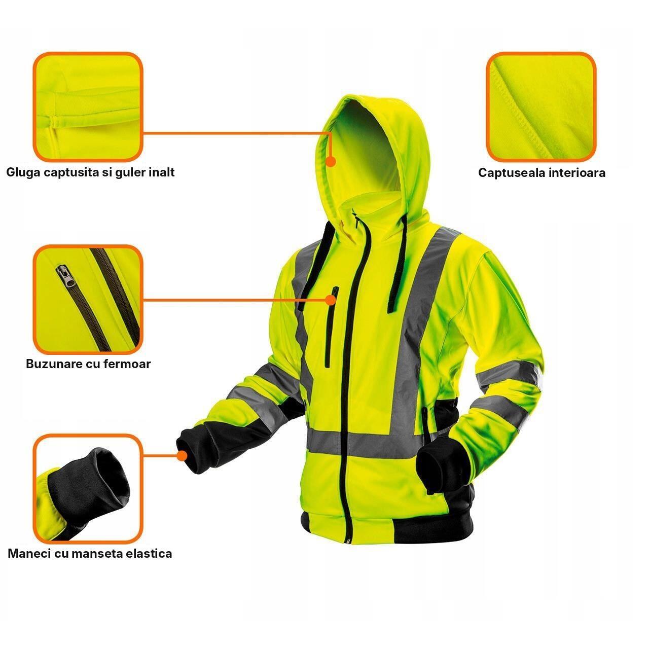 Detalii hanorac reflectorizant NEO Visibility: gluga captusita, buzunare cu fermoar, mansete elastice
