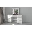 Set masa de toaleta/machiaj Vanessa + scaun Mark, sertare alb lucios, cu oglinda si LED-uri, Vanessa, 130x43x143 cm