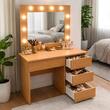 Masa de toaleta/machiaj, Irina, stejar + scaun Lago, bej, cu oglinda si LED-uri, 94x43x141 cm