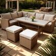 Set mobilier gradina/terasa, maro deschis si bej, ratan sintetic, 1 masa, 2 canapele, 2 tabureti, Cesme