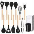 Set ustensile bucatarie, silicon si bambus, negru, 12 piese, Springos