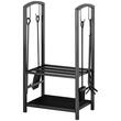 Suport lemne semineu pentru interior/exterior, metalic, negru, cu 4 accesorii, 2 nivele, 40x30x74.5 cm