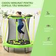 Trambulina copii 3-10 ani, 140x155 cm, cu plasa protectie, cos de baschet, 20 bile colorate, verde si galben, max 50 kg