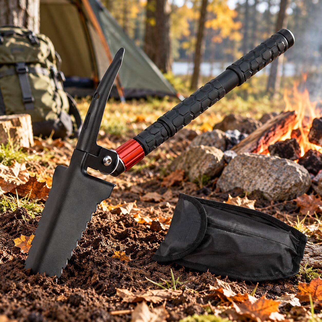 Lopata pliabila multifunctionala, model Tactic, negru, 8 in 1, 36x28 cm, Strend Pro folosita la camping, langa foc de tabara