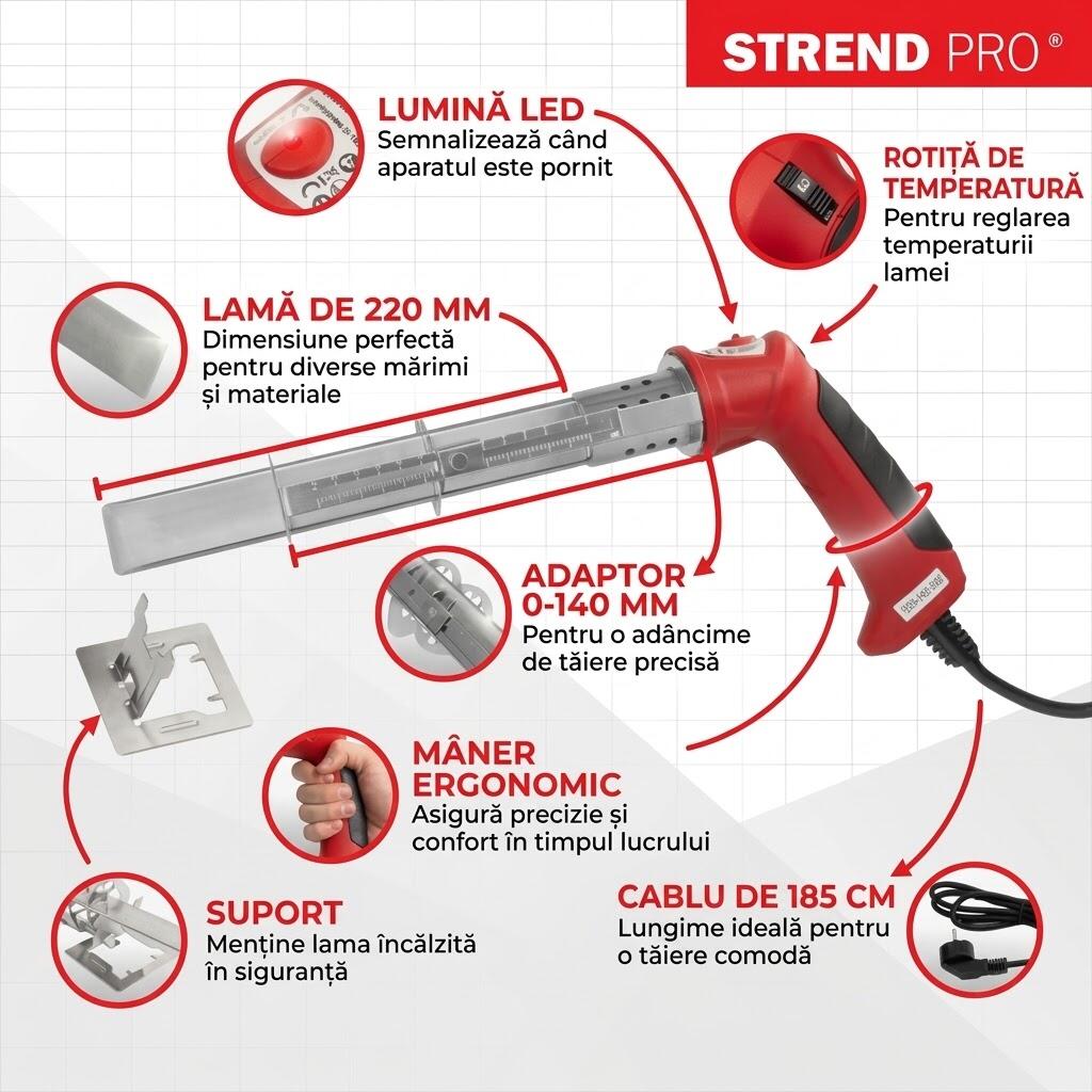 Cutit termic pentru polistiren JS-102GD, cu lama de 220 mm, rotita de temperatura, adaptor 0-140 mm si suport, Strend Pro