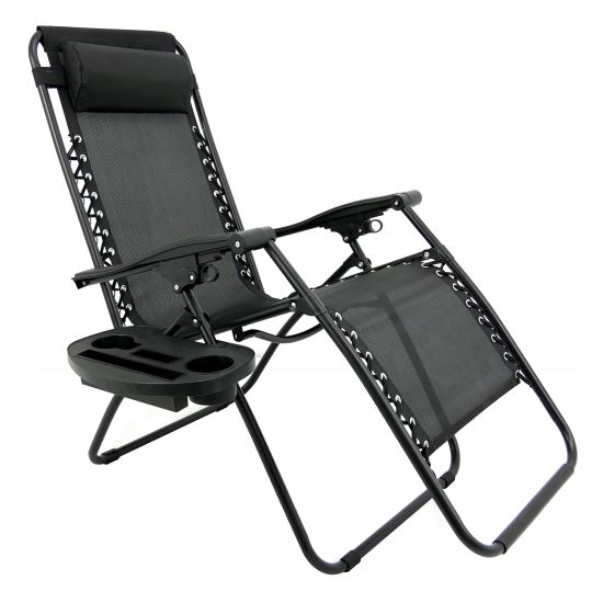 Sezlong pentru gradina, metalic, reglabil, cu suport pentru bauturi, max 120 kg, negru, 176x80 cm