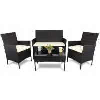 Set mobilier gradina/terasa, poliratan, maro cu perne crem, 1 masa, 2 fotolii, 1 canapea, Medi