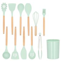Ustensile bucatarie, silicon si bambus, menta, set 12 piese, Springos 