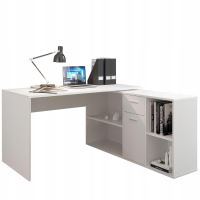 Birou calculator pe colt, pal, 1 sertar, 6 rafturi, alb, 139x136x74.2 cm, Jumi 