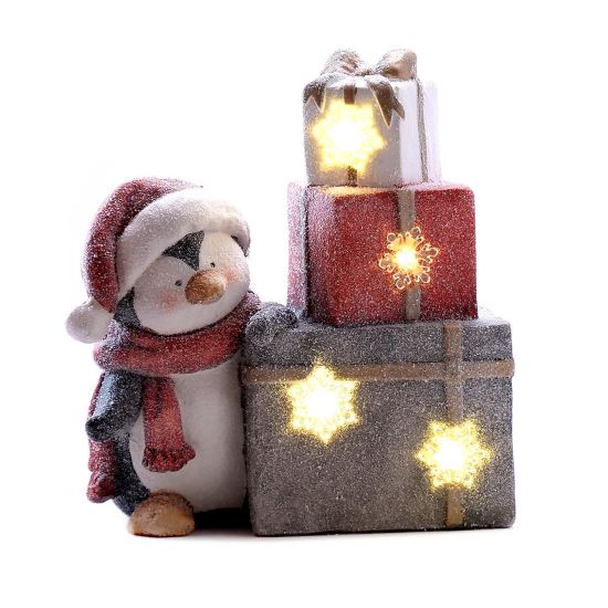 Decoratiune iarna, ceramica, pinguin si cadouri luminoase, LED, rosu si gri, 3xAAA, 29x13x33 cm, Chomik
