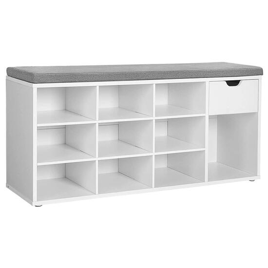 Banca depozitare incaltaminte, pantofar pentru hol, Vasagle, pal, 10 rafturi, 1 sertar, alb, 104x30x48 cm