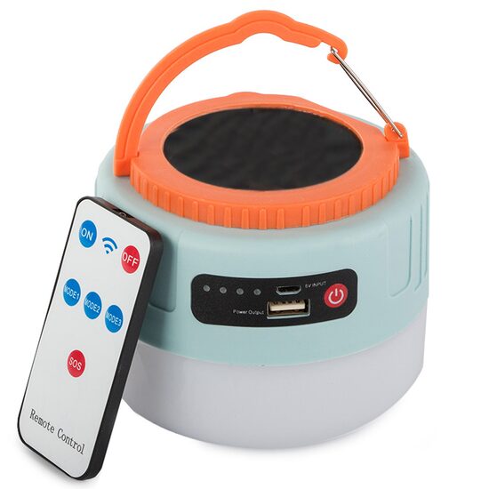 Lampa solara camping, turistica, Verk Group, plastic, LED, 4 moduri, cu telecomanda, functie powerbank, USB, 11x8.5 cm
