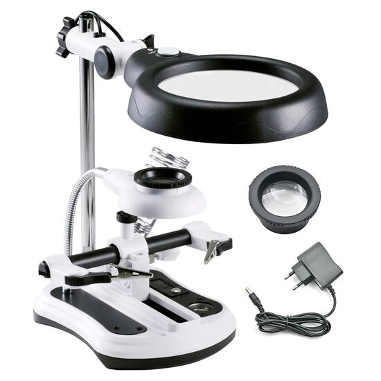 Suport universal pentru lipit cu lupa, Verk Group, LED, 2 brate tip clema, 4xAA, marire 2.5x, 6x, 5x, 10x