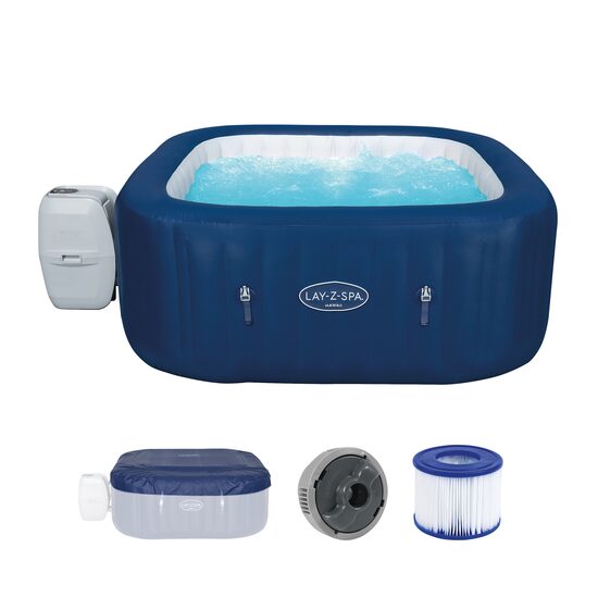 Piscina jacuzzi, gonflabila, patrata, cu pompa si filtru, prelata acoperire, dozator, bleumarin si alb, 840 L, 4-6 persoane, 180x180x71 cm, Bestway Lay-Z Spa