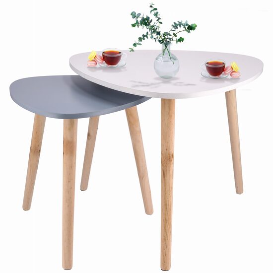 Masuta cafea, Jumi, MDF si lemn de pin, gri si alb, set 2 marimi
