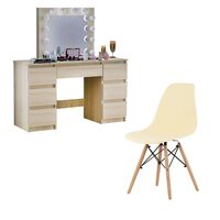 Masa de toaleta/machiaj + Scaun stil scandinav, Artool, Vanessa, stejar, cu oglinda si LED-uri, 130x43x143 cm