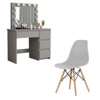 Masa de toaleta/machiaj + Scaun stil scandinav, gri, cu oglinda si LED-uri, 94x43x141 cm