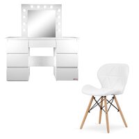 Masa de toaleta/machiaj + Scaun stil scandinav Lago, alba, cu oglinda si LED-uri, Vanessa, 130x43x143 cm