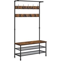Cuier cu 2 rafturi pentru incaltaminte, Artool, banca, pal, otel, maro rustic si negru, 100x41.5x182 cm