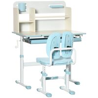Birou cu scaun pentru copii 3-12 ani, inaltime reglabila, PP, MDF, otel, cu rafturi, albastru