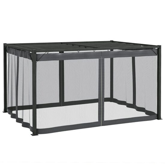 Pergola pentru gradina/terasa, retractabila, cadru metalic, gri, cu perdele, 3.97x2.97x2.25 m