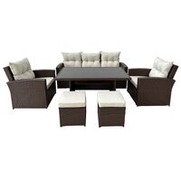 Set mobilier gradina/terasa, maro si bej, ratan sintetic, 1 masa, 2 scaune, 2 tabureti, 1 canapea, Dolores